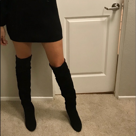 CLEARANCE Black Over Knee boot Vegan Suede Velvet Tie Lined Heel Soft Boots - Picture 4 of 6